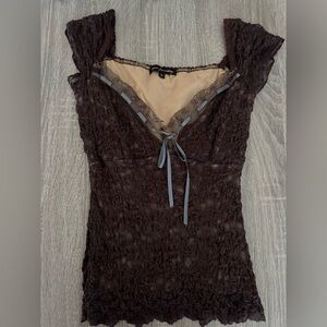 Y2K Ann Ferriday Brown Lace top with Ribbon blue Detail small